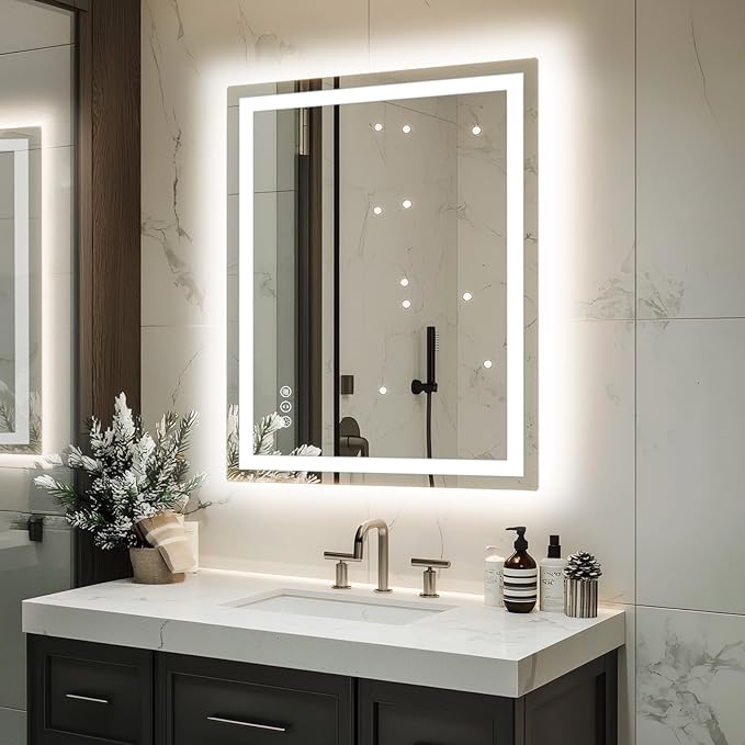 32"x 24" LED Bathroom Mirror with Lights, Dimmable, Double Lights, Backlit + Front Lit, 3 Colors Led Mirror for Bathroom, Lighted Bathroom Vanity Mirror, Tempered Glass(Horizontal/Vertical)