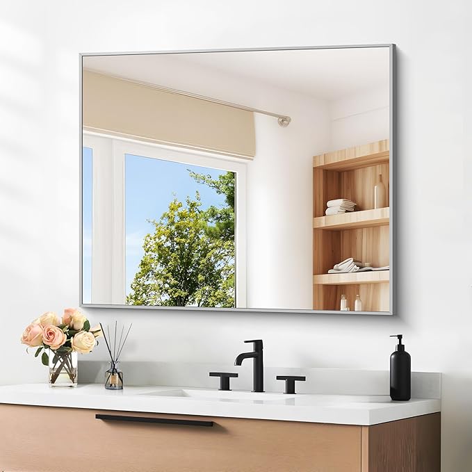 30" x 36"Bathroom Mirror, Silver Rectangle Corner Wall Mirror with Metal Frame, Decorative Rectangular Vanity Mirror for Bedroom Bathroom Living Room Entryway (Horizontal/Vertical)