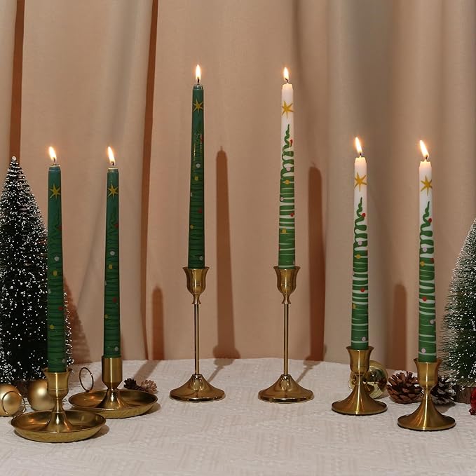 2 Pack Christmas Taper Candles, 10 Inch Unscented White Candlesticks with Christmas Tree Print Design for Holiday Table Decor, Fireplace Mantel, Advent Wreaths, Winter Weddings, Seasonal Display