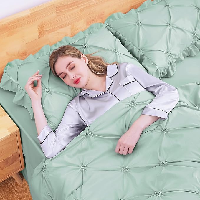 JOLLYVOGUE Green Full Size Comforter Sets 7 Pieces, Pintuck Bed in a Bag Comforter Set for Bedroom, Bedding Comforter Sets with Comforter, Sheets,Ruffled Shams & Pillowcases