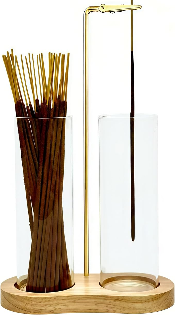 Glass Incense Holder, Incense Sticks Burner Holder with Storage,Hang Upside Down Incense Holder for Sticks with Glass Ash Catcher for Meditation Yoga Spa Room Decor (Natural)