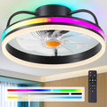 Ceiling Fan-Low Profile Ceiling Fan with Light - Modern Flush Mount Ceiling Fan,16" RGB Dimmable LED Enclosed Ceiling Fans,Modern Bladeless LED-RGB Ambient Light for Bedroom Kids Room Party（Black）