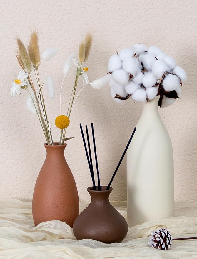 Ceramic Vase Set of 3 Modern Neutral, Flower Vases for Centerpieces, Vases Home Decor Rustic Farmhouse Decor for Table, Shelves, Enterway, Living Room, Bedroom, Office, Kitchen (Brown Grey White)
