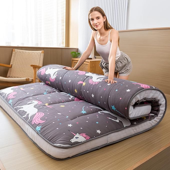MAXYOYO Futon Mattress, Unicorn Pattern Japanese Floor Mattress Quilted Bed Mattress Topper, Extra Thick Folding Sleeping Pad Breathable Floor Lounger Guest Bed for Camping, Grey, Twin