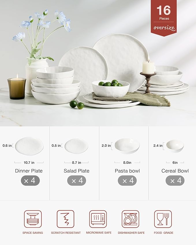 Famiware Porcelain kitchen plates and bowls set, Modern dishes set for 4, Handmade Wave Edge Dinnerware Sets, Microwave and Dishwasher Safe Tableware, Polar White (16pc)