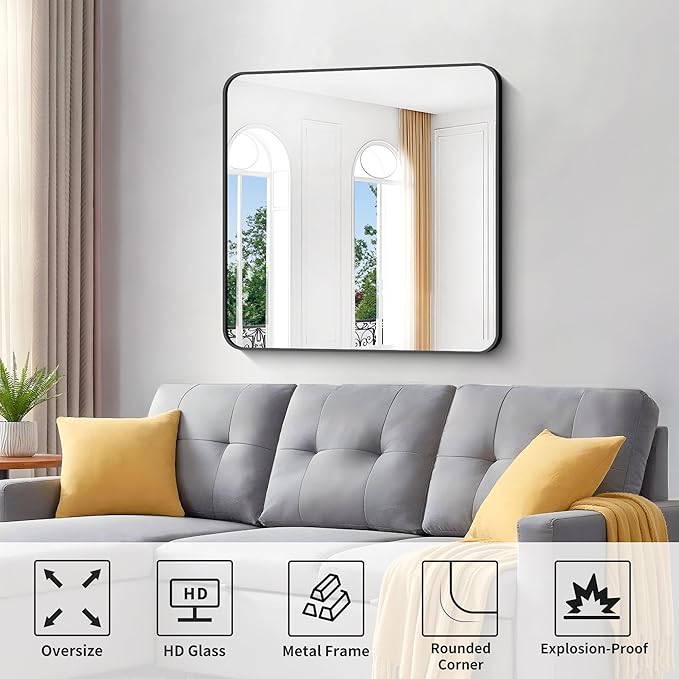 Black Bathroom Mirrors for Wall, 30"x30" Square Mirror, Rounded Corner Metal Frame Wall Mirror, Bathroom Vanity Mirror for Bedroom Living Room Entryway Horizontal Or Vertical Mounting