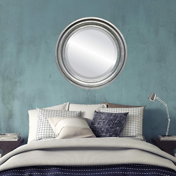 OVALCREST Round Beveled Wall Mirror for Home Decor - Philadelphia Style - Silver Leaf with Black Antique - 28x28 Outside Dimensions