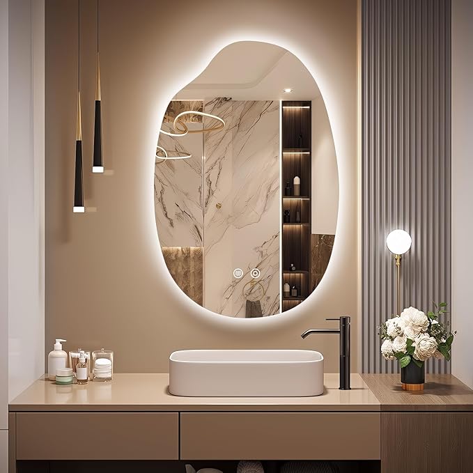 32"x22" Asymmetrical Led Mirror for Bathroom, Irregular Backlit Vanity Mirror with Lights, Frameless Smart Mirror, 3 Colors Stepless Dimmable, Anti-Fog, Memory, CRI95+, Horizontal/Vertical