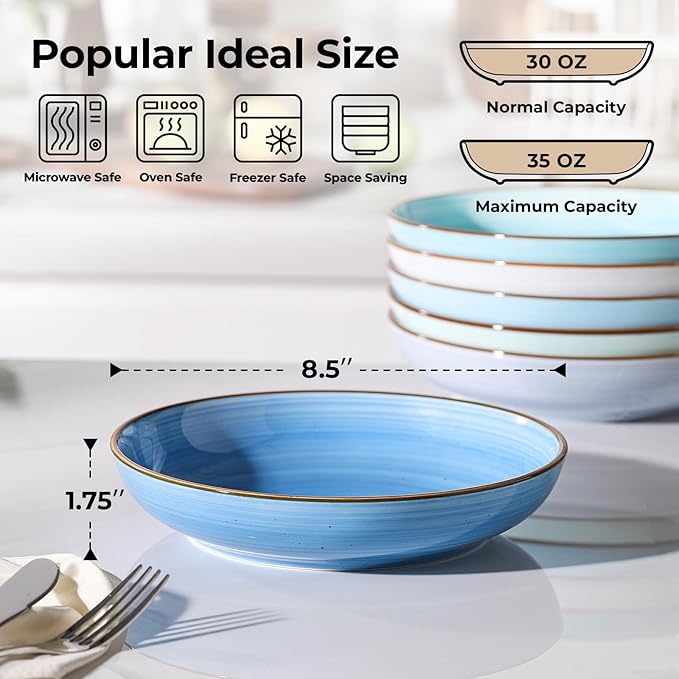 Y YHY 8.5'' Pasta Bowls Set of 6, 30 oz Ceramic Shallow Salad Bowls, Large Serving Soup Bowls Pasta Plates, Microwave & Dishwasher Safe Dinnerware Valentine's Day Gift, Gradient Blue