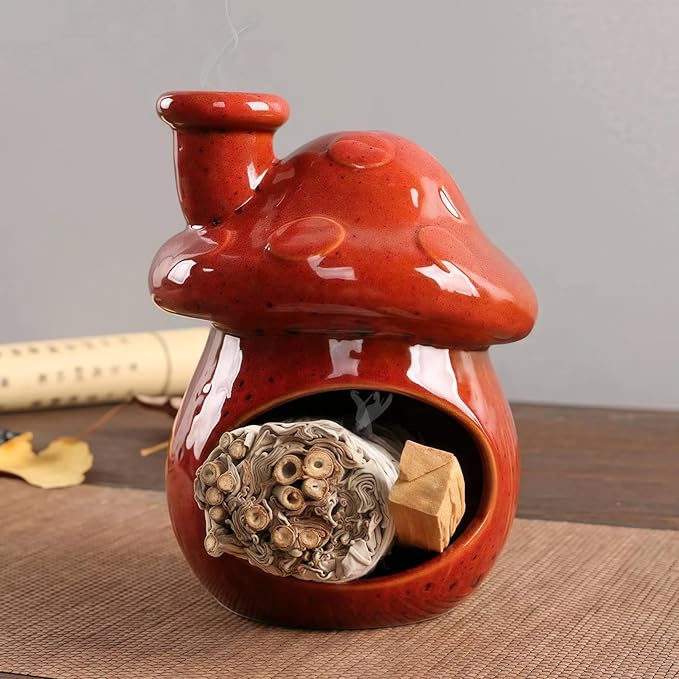 Mushroom Incense Holder, Ceramic Palo Santo Holder Burner & Sage Holder - Mini Tabletop Chiminea Burner Tray with Ash Catcher, Cute Mushroom Decorations for Spiritual Meditation & Yoga
