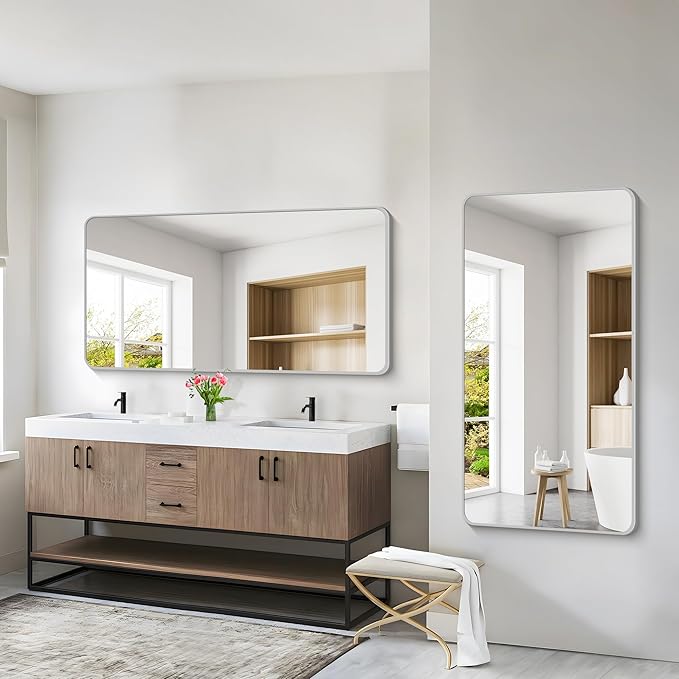 55x30 Inch Silver Bathroom Mirror, Large Rectangular Vanity Mirror, Metal Framed Rectangle Mirrors, Rounded Corner Wall Mounted Mirrors for Living Room Bedroom Entryway Horizontal or Vertical