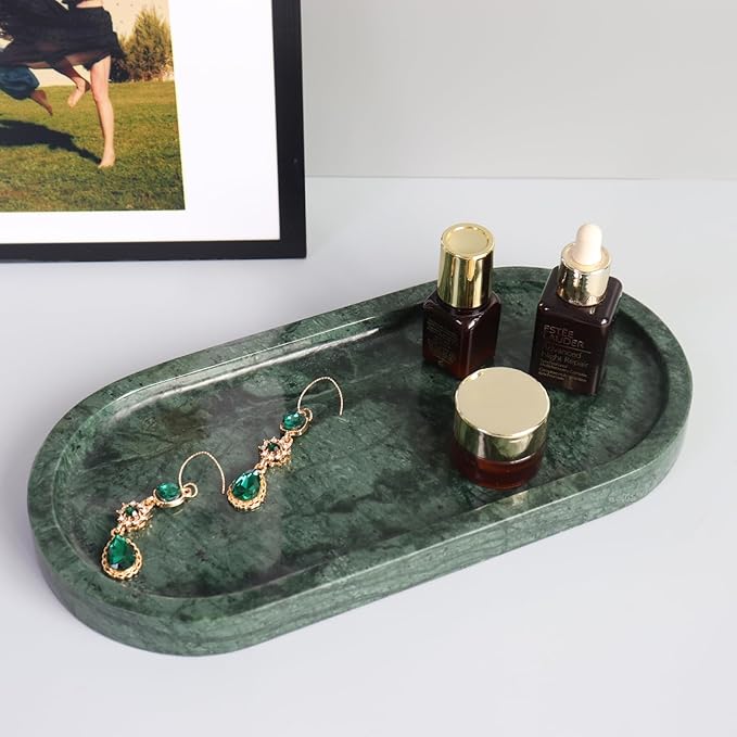 Natural Marble Tray, Oval Vanity Decorative Tray for Bathroom Counter, Countertop Stone Organizer, Catchall Tray for Kitchen, Perfume, Candles, Jewelry Dish Decorative Tray