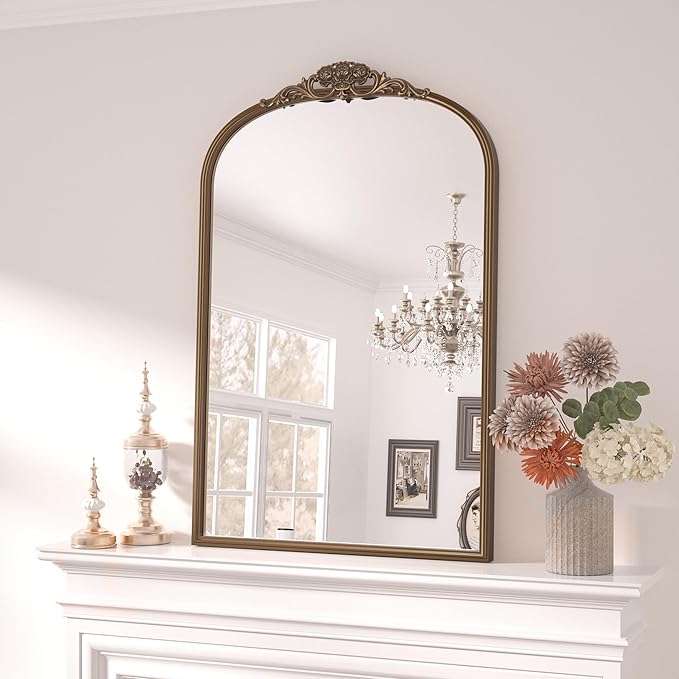 Keonjinn Vintage Mirror Gold 24" x 36", Arched Decorative Mirrors for Wall Decor, Antique Mirrors Bathroom, Ornate Baroque Brass Mirror for Mantle, Entryway, Living Room, French Cleat Mounting