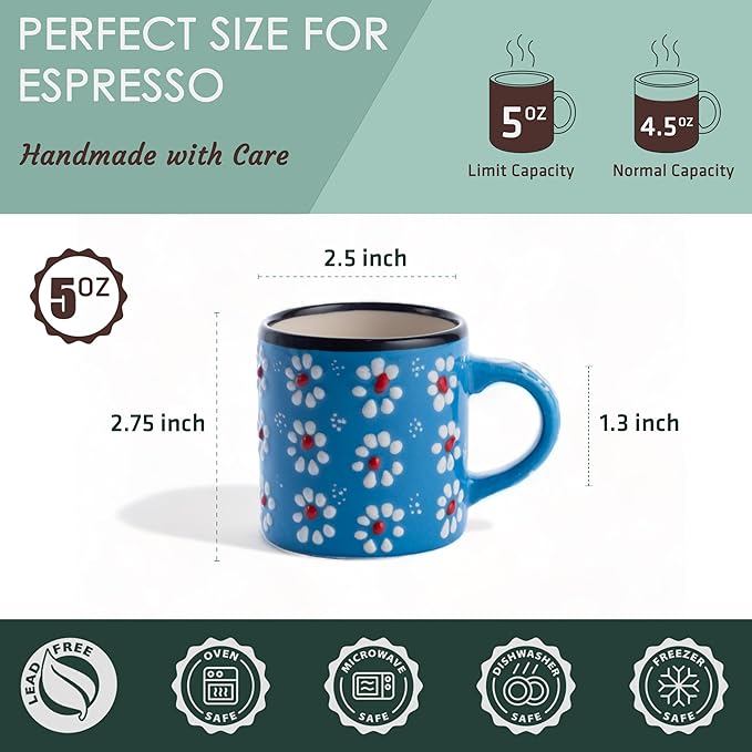 Ceramic Espresso Cups, 5 Oz Espresso Cups Set of 4, Handmade Espresso Cup, 2.75 Inch Espresso Mugs, Multicolor Demitasse Cups, Microwave & Dishwasher Safe Espresso Mugs, Coffe Mug Set (DAISY MEDLEY)