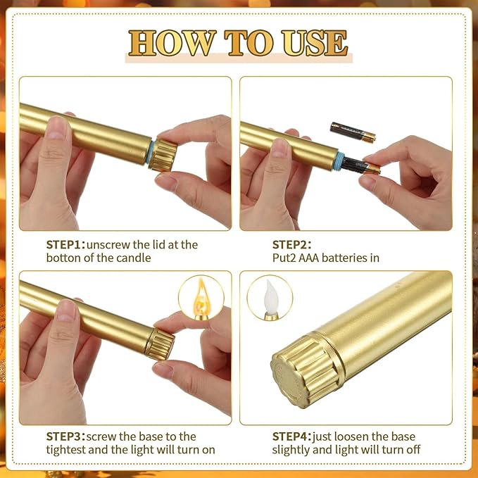 Honoson 4 Pieces Halloween LED Taper Advent Candles Flameless Taper Flickering Candles for Halloween Christmas Advent Rituals Holidays Church, Celebration Home Decor(Gold,Classic Style)