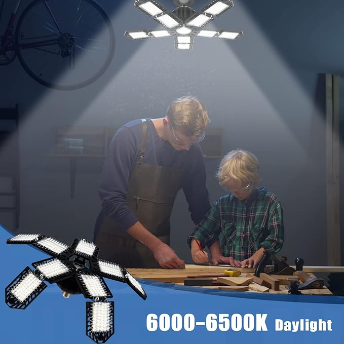 LED Garage Lights Bulb 10+1 Panels 2 Pack -200W, 20000LM 6500K Led Shop Light with 6+1 Deformable Panels, Ceiling Lights for Basement Barn Light Garage