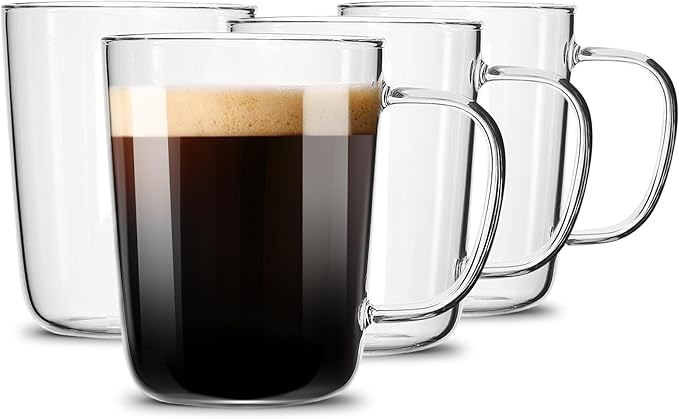 LUXU Glass Coffee Mugs(Set of 4)-17 oz,Clear Beer Mugs,Glass Tea Cups with Comfortable Handle,Lead-free Drinking Glasses,Perfect for Latte,Espresso,Juice,Water,Milk or Hot and Cold Beverage
