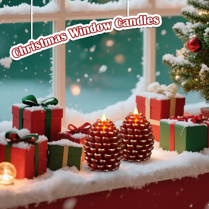 Christmas Pinecone Candles Flameless,Battery Operated Candles with Flickering Wick,Indoors Fake Candle,Christmas Candle Pine Cones Holiday Decor,Winter Thanksgiving Decorations,Set of 2
