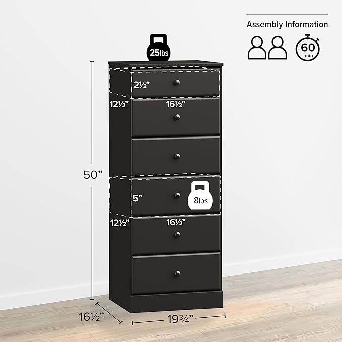 Prepac Astrid Tall Black Dresser for Bedroom: 16.5"D x 19.75"W x 50"H, 6-Drawer Chest for Bedroom by Prepac - Perfect Chest of Drawers for Ample Storage in Narrow Spaces