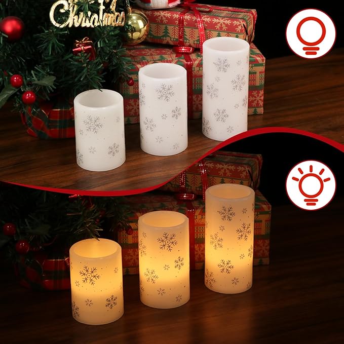 DRomance Silver Snowflake Flameless Flickering Candles Battery Operated with 6H Timer, 3 Pack Real Wax Warm Light LED Pillar Candles Dinner Tabletop Holiday Centerpiece Decor 3" x 6"