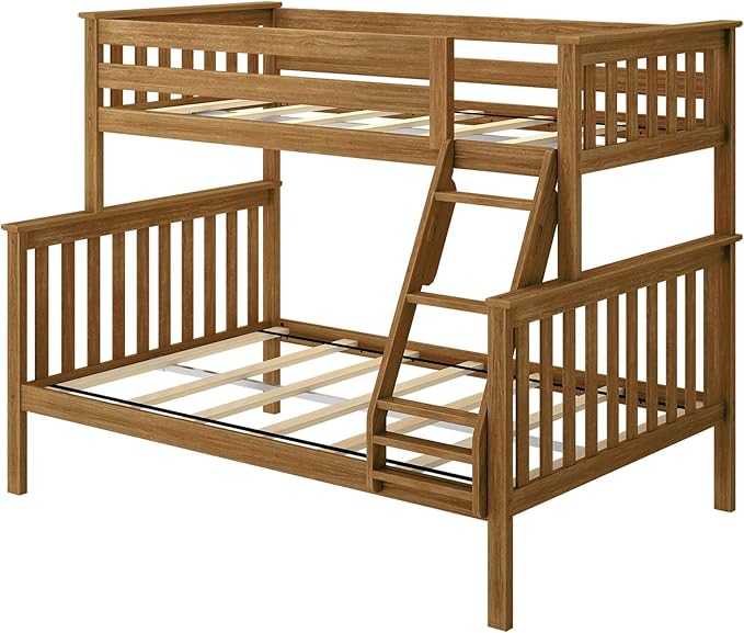 Max & Lily Bunk Bed Twin Over Full Size with Ladder, Solid Wood Platform Bed Frame with Ladder for Kids, 14" Safety Guardrails, Easy Assembly, No Box Spring Needed, Pecan