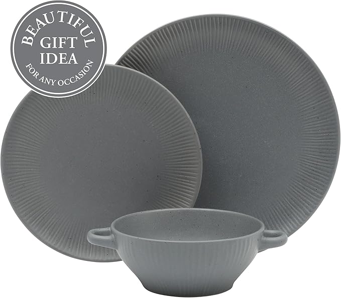 Gibson Elite Clover Hill 12-Piece Stoneware Dinnerware Set – Dark Blue Embossed Plates and Bowls with Matte Speckled Reactive Glaze, Service for 4 – Microwave & Dishwasher Safe