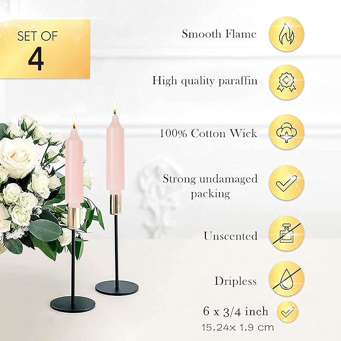 Light Pink Short Taper Candles 6 inch Candle Sticks Unscented Dinner Candle Dripless for Home Decor,Set of 4