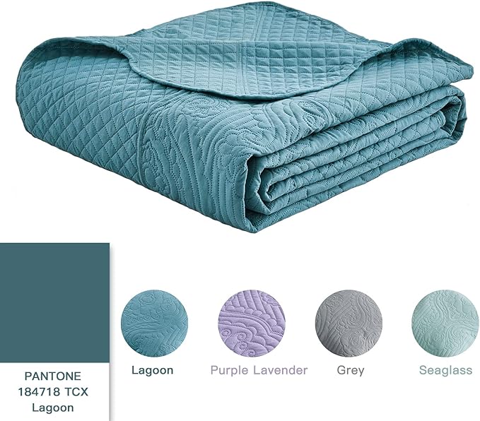 HZ & HY Oversized King Bedspread, Ultrasonic Coverlet Bedding Set, Lightweight Thin Comforter, Reversible, 5 Piece, 100% Microfiber, Lagoon