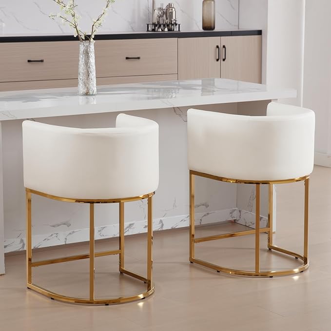 Modern Counter Height PU Leather Upholstered Bar Stools Set of 4, 24" Kitchen Counter Island Stools Bar Chairs with Gold Metal Frame, White