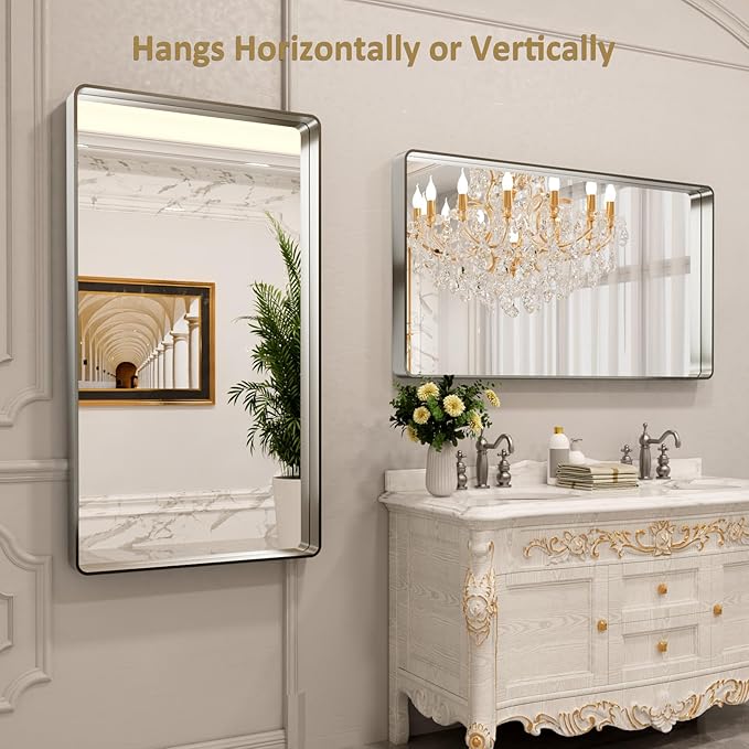 LOAAO 55X30 Inch Brushed Nickel Bathroom Mirror, Rounded Rectangle Silver Metal Frame Mirror, Brushed Nickel, Anti-Rust, Shatter Proof, Hangs Horizontally or Vertically