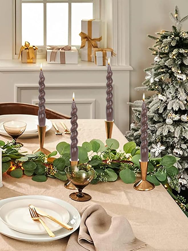 Brown Spiral Taper Dinner Candles Conical Stick Candles Wax Unscented Dinner Candle Dripless for Home Decor, Relaxation 7.6inch,Set of 4（Brown）