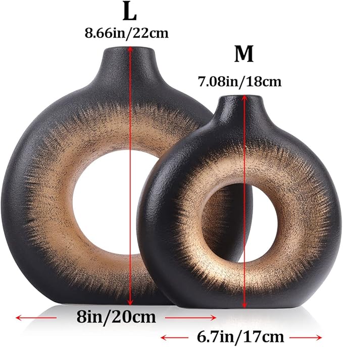 Black Gold Ceramic Vase Set of 2 - Perfect for Home Decor, Living Room, Circle Hollow Donut Vase, Boho Style, Minimalist and Modern Decor - Matte Finish for Flowers, Pampas and More