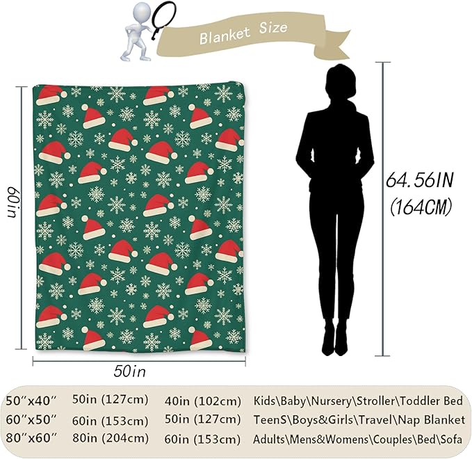 Christmas Santa Hats Blanket, Soft Lightweight Flannel Snowflakes on Green Background Throw Blanket for Couch, Bed, Travel & Decor Gifts, Cozy Warm Fuzzy Holiday Blankets for Women Girls Kids 60×50 in