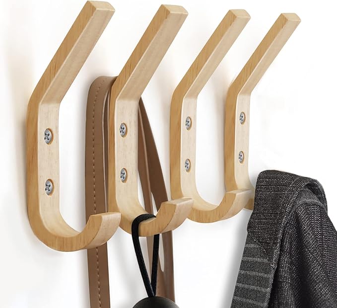 Wooden Coat Hooks Wall Hooks,Natural Oak Wood Hooks Decorative Vintage Wood Wall Hooks Organizer Heavy Duty Wall Mounted Hooks for Hanging Coats, Key, Cap, Cup (6 Pack)