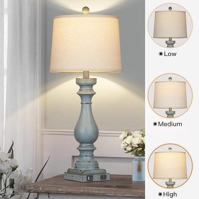 29" Tall Table Lamp for Living Room Set of 2,Coastal Bedside Nightstand Lamps with USB C+A Ports & AC Outlet,3-Way Dimmable Touch Control Retro Blue Desk Lamp for Bedroom,Color 3