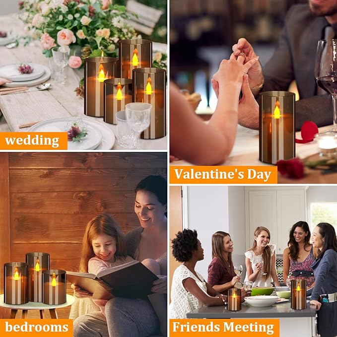 Flameless Candles 4" 5" 6" Acrylic Glass Pillars 3" Diameter Battery Operated Flickering Candles Include Remote with 24Hour Timer Function 400+ Hours by 2 AA Batteries (Gray, Warm Light 12 Pack)