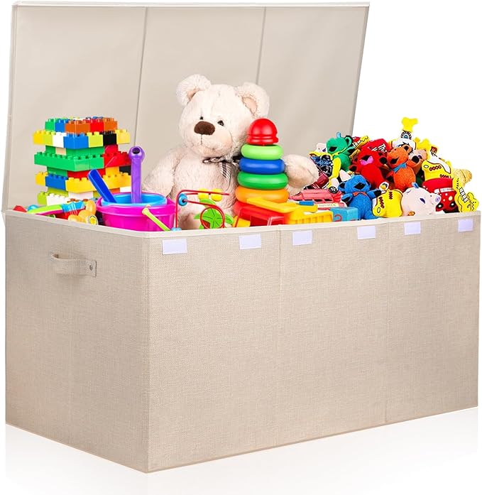 Extra Large Toy Box 167L, Sturdy Toy Storage Chest Organizer Bin Baskets with 2 Removable Divider for Boys, Girls, Kids, Nursery, Bedroom, Playroom, 35.5"x17" x17" (Linen Beige)
