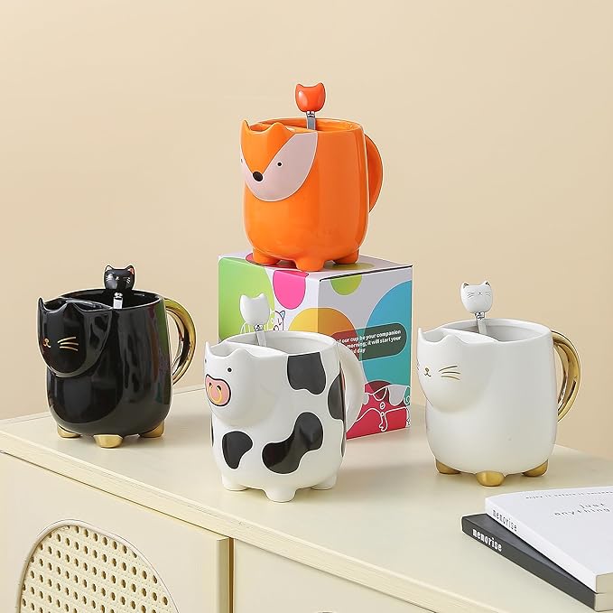 Yuwu 17oz Cat Mug with Tea Bag Holder & Spoon – Cute Ceramic kitty Coffee Cup Gift for Cat Lovers, Women, Girls – Tea Mug for Birthday, Christmas, Valentine’s Day(black)