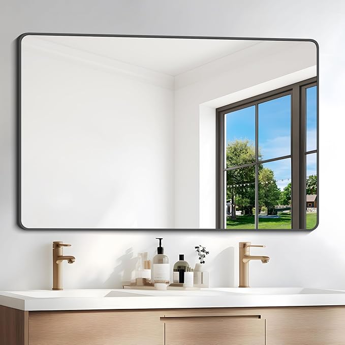 36" x 55"Bathroom Mirror, Matte Black Wall Mirror with Metal Frame, Decorative Rectangular Vanity Mirror for Bedroom Bathroom Living Room Entryway (Horizontal/Vertical)