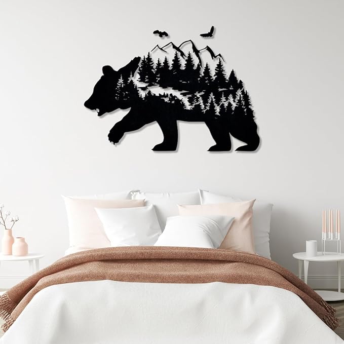Metal Bear Wall Decor, Mountain And Forest Metal Wall Art, Nature Landscape Decor, Bear Wall Art, Metal Mountain Range, Scandinavian Decor, Large Metal Art Wall Decor, Housewarming Gift (26"x41"|67x105cm, Silver)