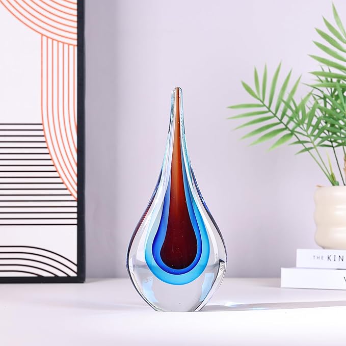 DOVDOV Blown Glass Sculpture, Blue and Brown Glass Art Teardrop Statue, Unique Ocean Theme Decoration for Office, Bookshelf, Dresser, Living Room Coffee Table, Fireplace countertop Decoration.