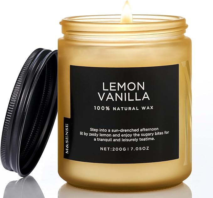 M&SENSE Lemon Vanilla Scented Slow Burning Candles for Home Scented, All Natural Soy Candles 7.05oz 50 Hours Slow Burning in Glass Jar, Stress Relief Gifts for Women and Men