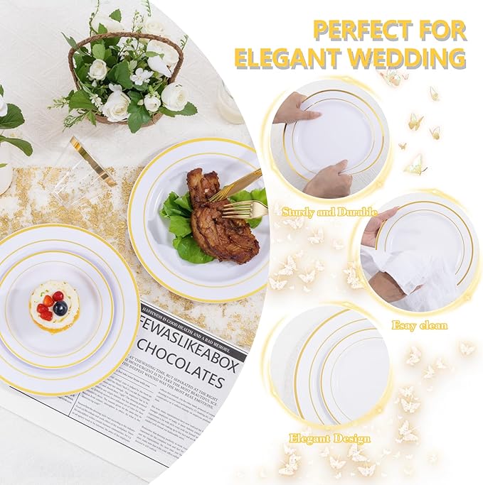 GATHER 700PCS Gold Plastic Plates - Whtie and Gold Disposable Dinnerware Sets 100Guest - 200 Disposable Plate, 300 Plastic Silverware, 100 Cups, 100 Napkins for Wedding & Party & Thanksgiving