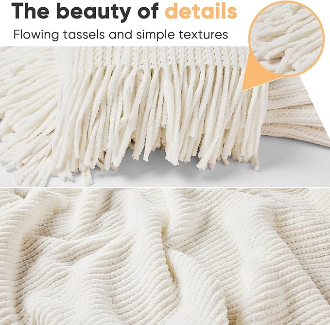 inhand Throw Blanket for Couch Bed,Chunky Chenille Woven Soft Blankets with Tassels,Cozy Boho Farmhouse Fall Winter Decor,Warm for Women,50"x60",Medium Thick-Off White