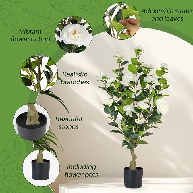 Artificial Camellia Tree 2 Pack, 3FT Faux Camellia Plant in Pot, 36 inch Fake Potted Camellia Flower Tree Plastic Camellia Tree for Modern Home Office Living Room Floor Decor Indoor, White