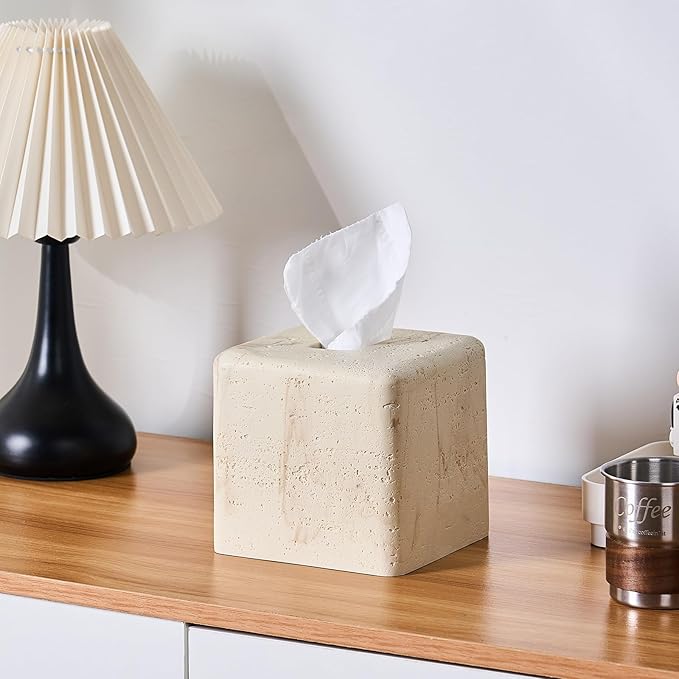 Natural Travertine Textures Tissue Box Cover Square for Home Decor,Resin Heavy Tissue Box Holder for Bathroom Countertop,Tabletop,Bedside Table,Office (Handmade of Resin)