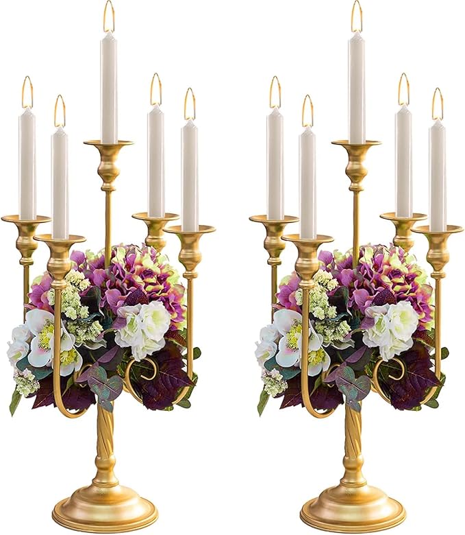 Metal Candelabra Gold Candle Stand 20in Tall, 5-Candle Candlestick Holder for Taper Candles, Candle Holder for Wedding Centerpiece Christmas Valentine Holiday Party Event Reception Decor, 2Pcs