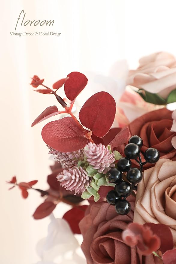 Floroom Artificial Greenery Stems Box Set, 30pcs with 7 Kinds of Faux Greenery Flowers Picks for DIY Bridal Bouquets Wedding Floral Arrangement Table Centerpieces, Burgundy & White