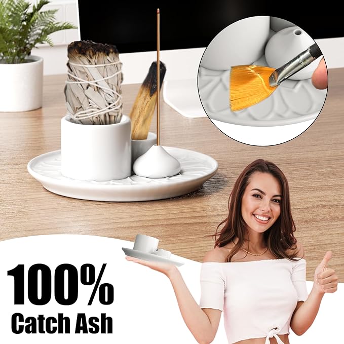 Palo Santo Holder - 4 in 1 Incense & Candle Holder - Ceramic Incense Holder Ash Catcher Tray for Meditation Room - Easy to Clean (White)