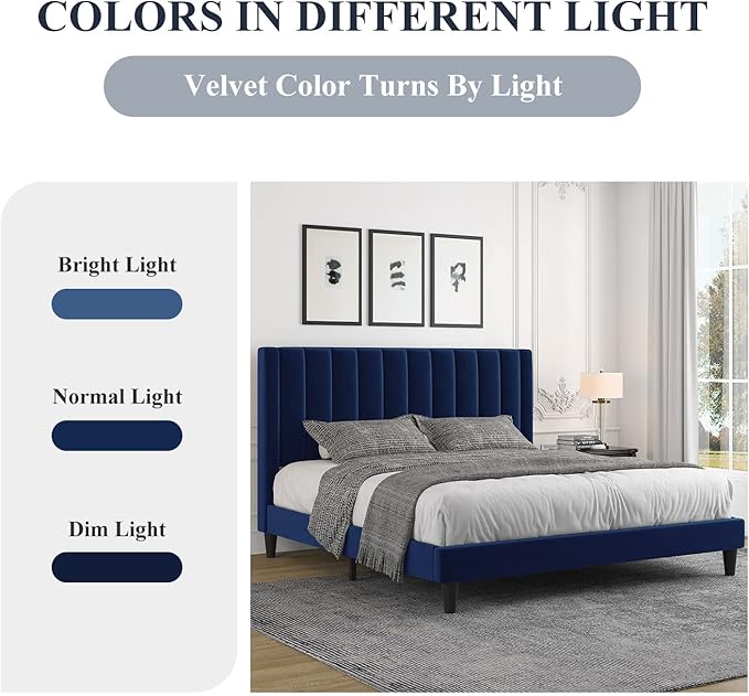 Allewie Full Platform Bed Frame/Velvet Upholstered Bed Frame with Vertical Channel Tufted Headboard/Strong Wooden Slats/Mattress Foundation/Box Spring Optional/Easy Assembly/Navy Blue